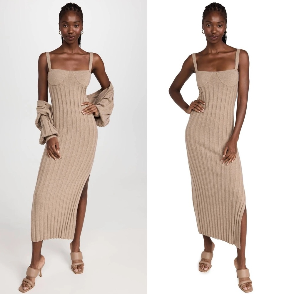 Something Navy Bustier Ribbed Sweater Dress Tan Midi Womens Small - Picture 2 of 11